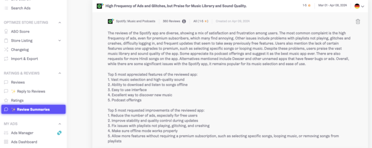 app radar ai review summaries