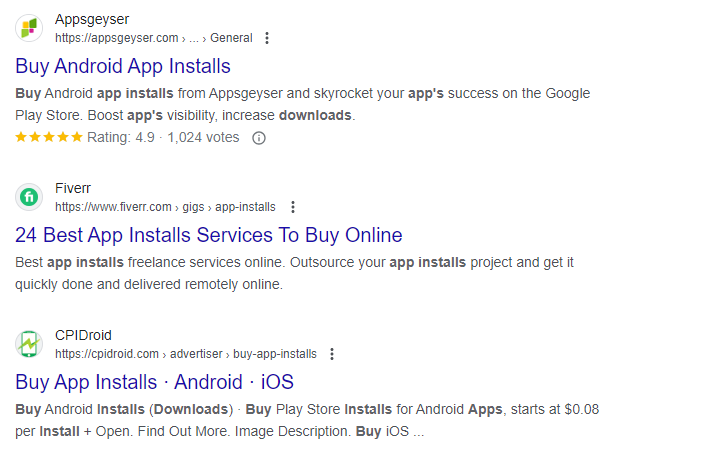 Companies selling in Google fake app installs for black hat ASO