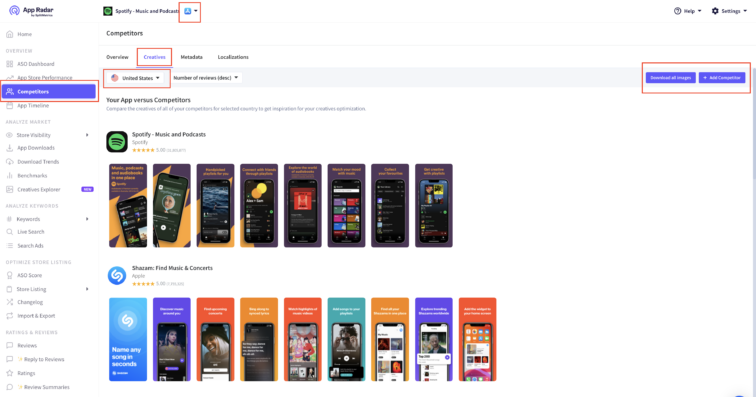 App competitors screenshots in App Radar