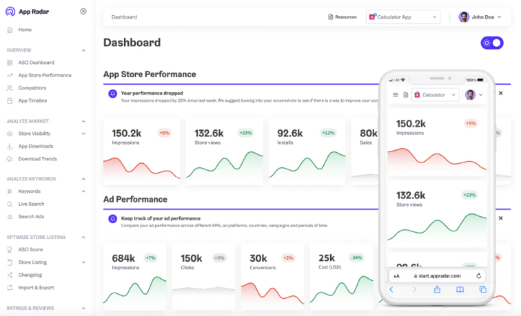 Desktop and mobile versions of App Radar dashboard