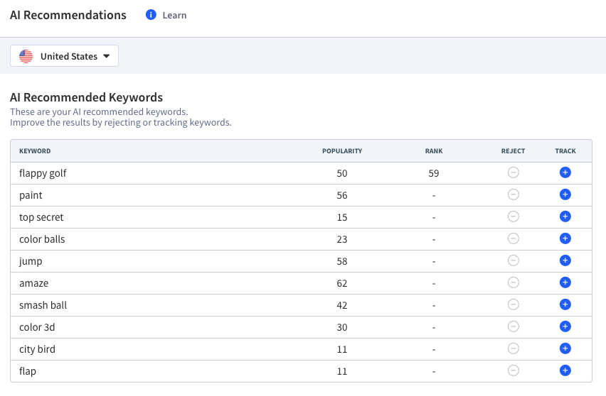 The App Radar AI-Recommendations Keyword Finder feature automatically gives your relevant keywords for your ASO strategy