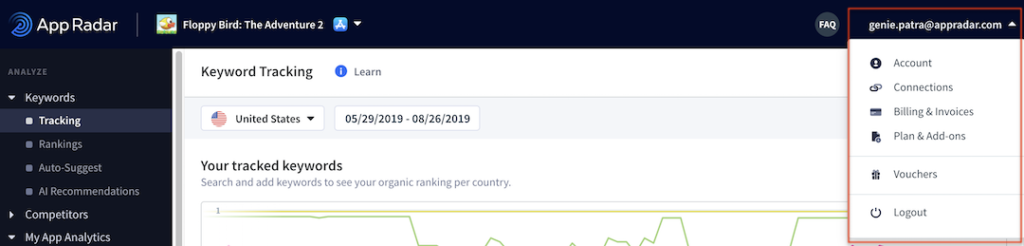 App Radar ASO Tool - How to get to Account Settings