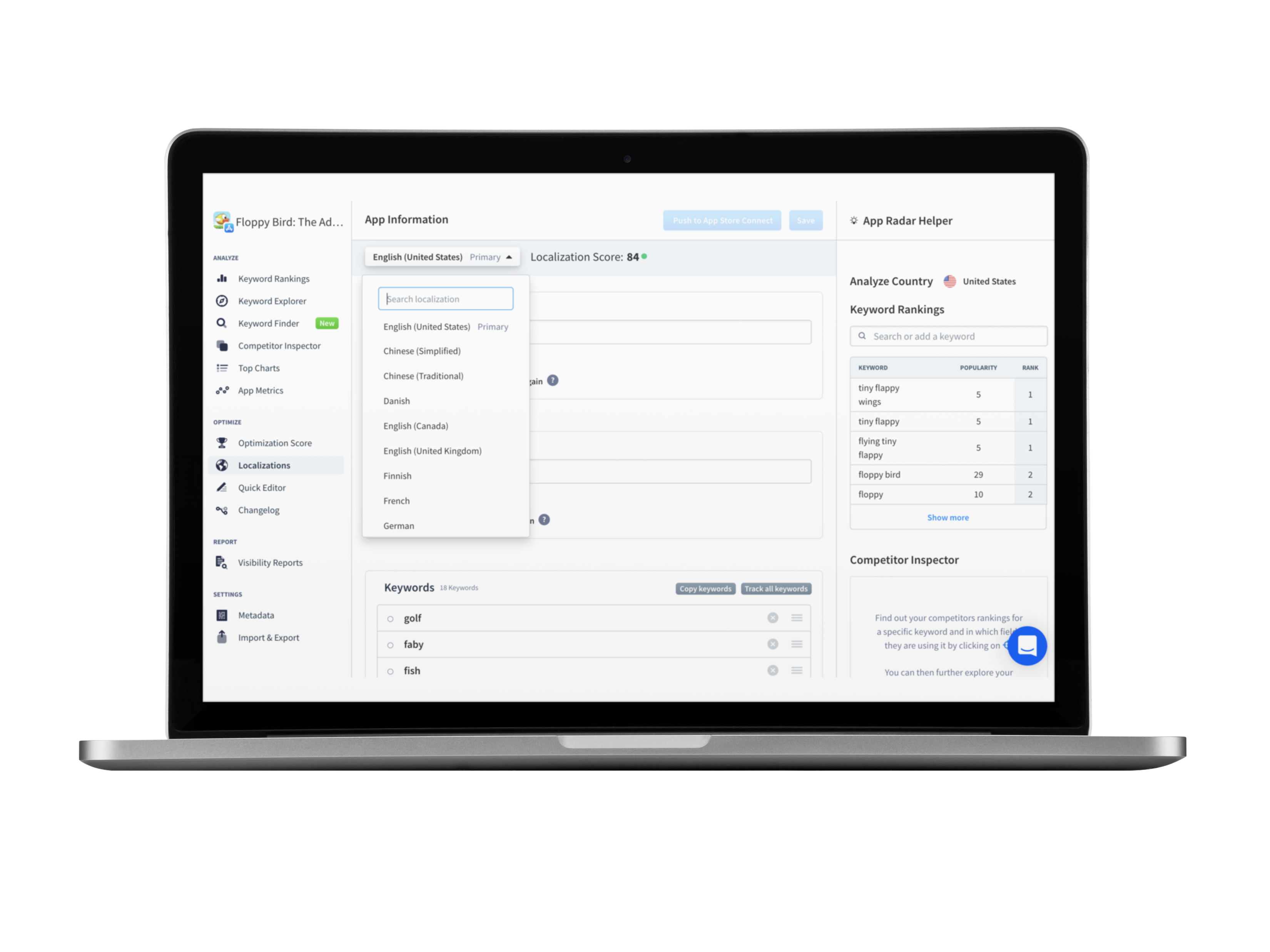 App Radar App Store Optimization Tool showing Localization Feature where app developers and marketers can add, manage and optimize app localizations in one interface. The more your app is available worldwide the more likely you'll get featured in the app store