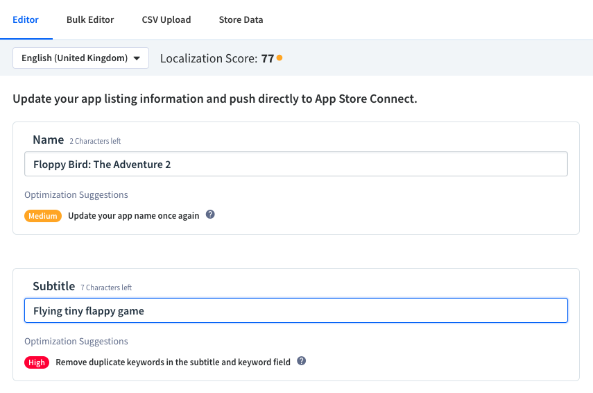 Edit your app information and app keywords in App Radar and publish changes directly to App Store Connect and Google Play Console