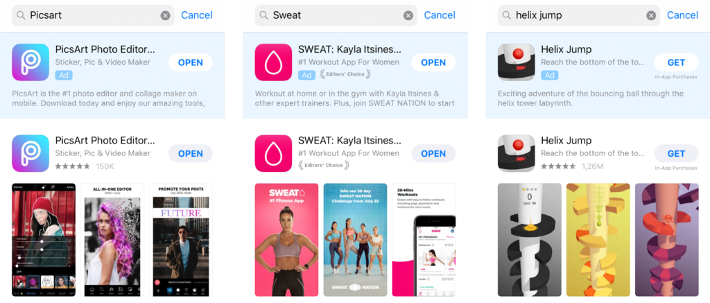 Image showing a Brand Protection Apple Search Ads, which are ads in the App Store, campaign. App's run ad campaigns on their app name in order to prevent competitors from stealing their users. This image shows how picsart, sweat, and helix jump are ranking first for their app name and also running ads to secure App Store visibility