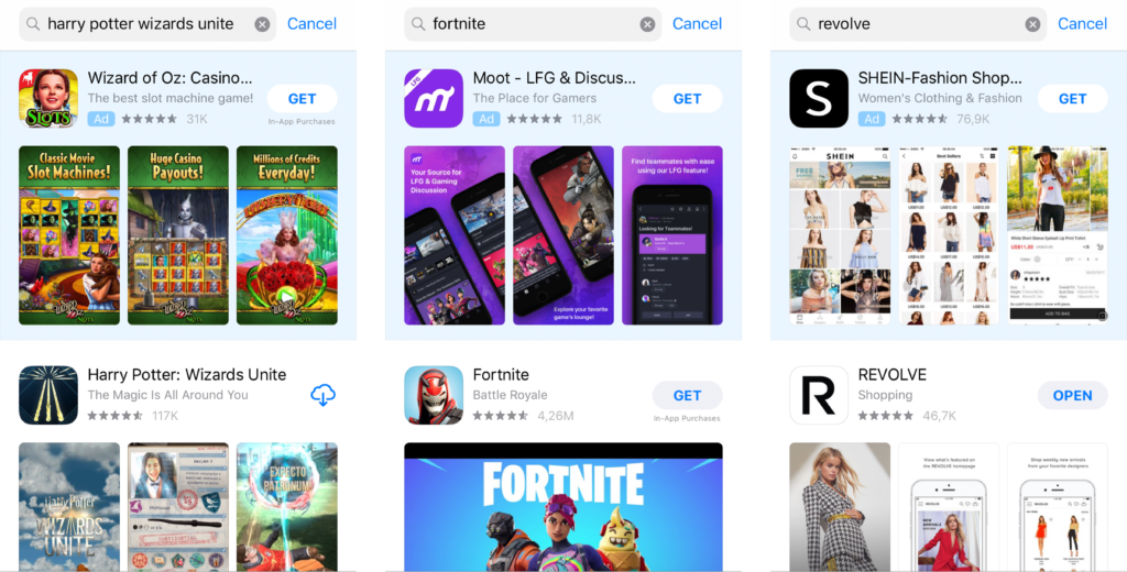 This image shows an Apple Search Ads Competitor Campaign. Apps will run App Store ads on their competitors' app names in order to try and steal users.