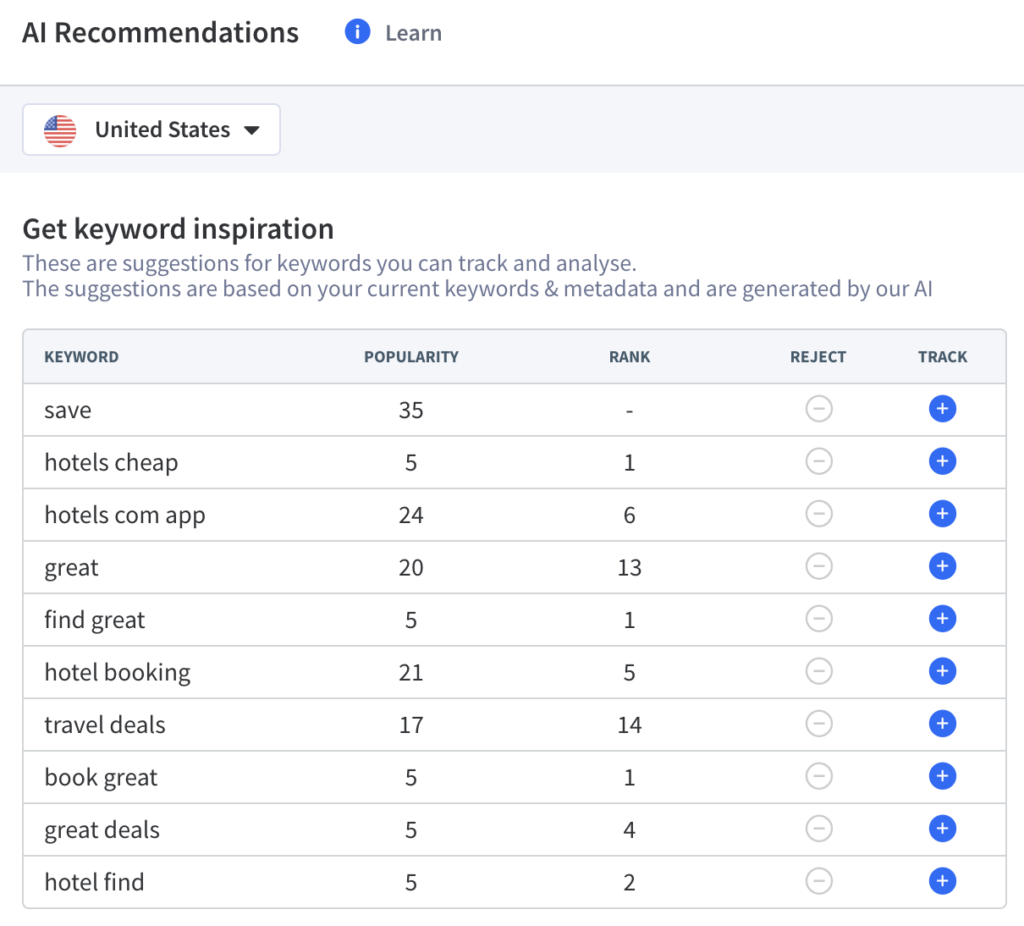 AI-Recommended keywords from App Radar app store optimization tool