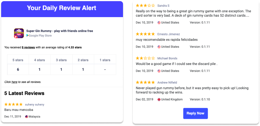 Caption: Get alerts to your email when your app receives a new app store review