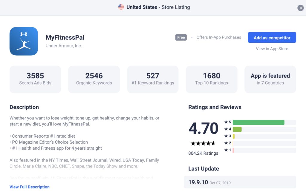 App Detail View in App Radar's ASO tool showing competitor's app details