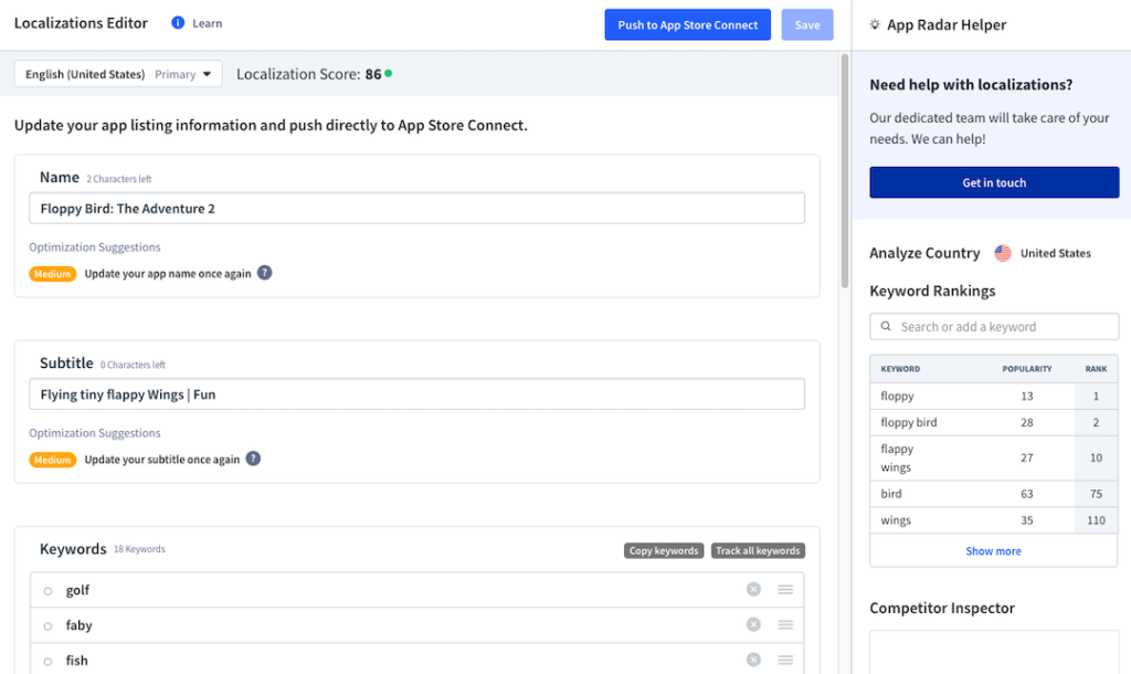App Radar Interface of Localization Editor