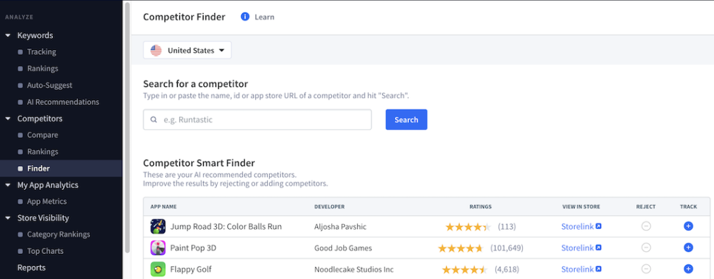 App Radar's Competitor Finder features helps app developers and marketers find competitors through manual search or with recommendations from AI