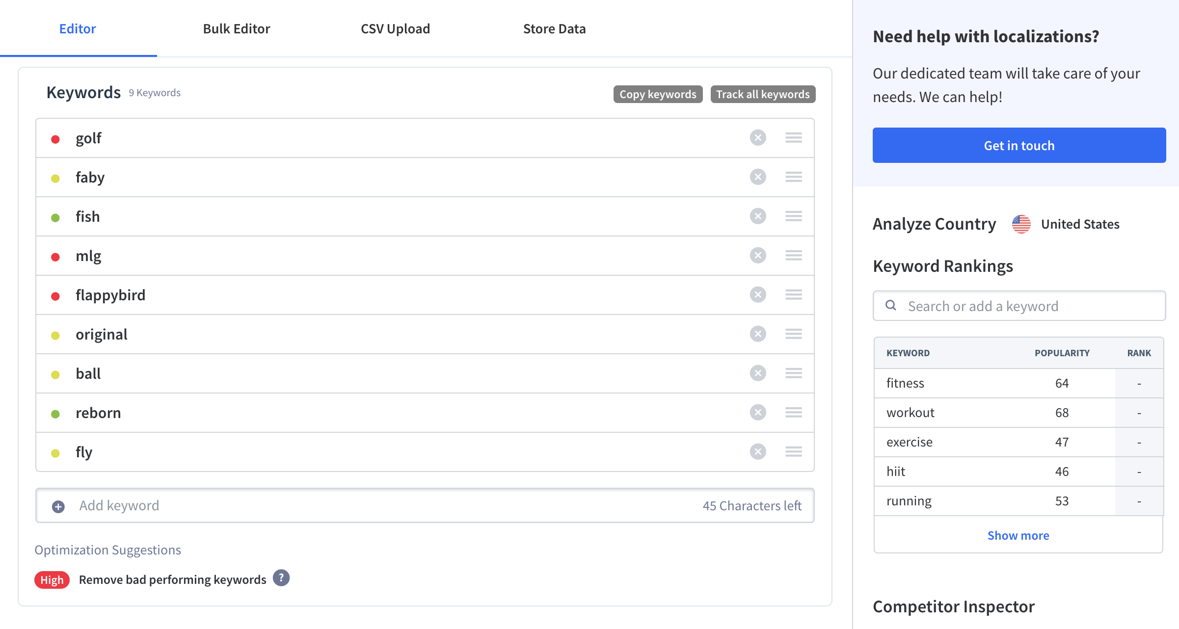 App Radar’s App Store Optimization tool indicates which keywords are best for your app. Keywords are the main determining factor for app store ranking
