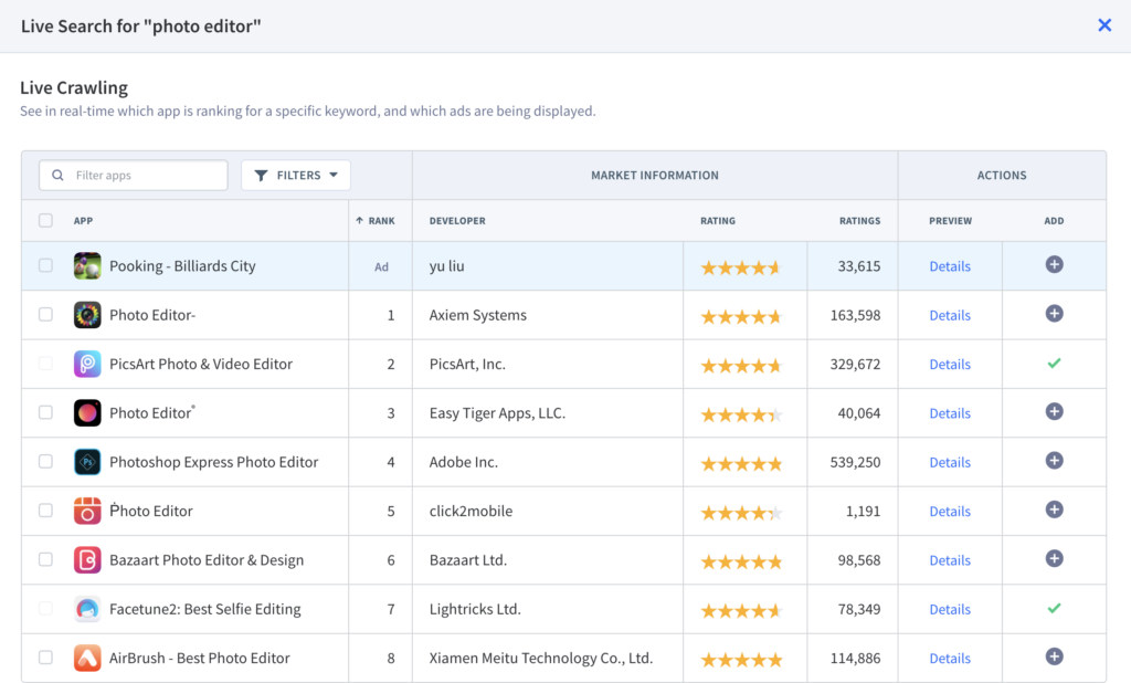 Check the real-time search results for each keyword with Live Search to know if your app updates are working.