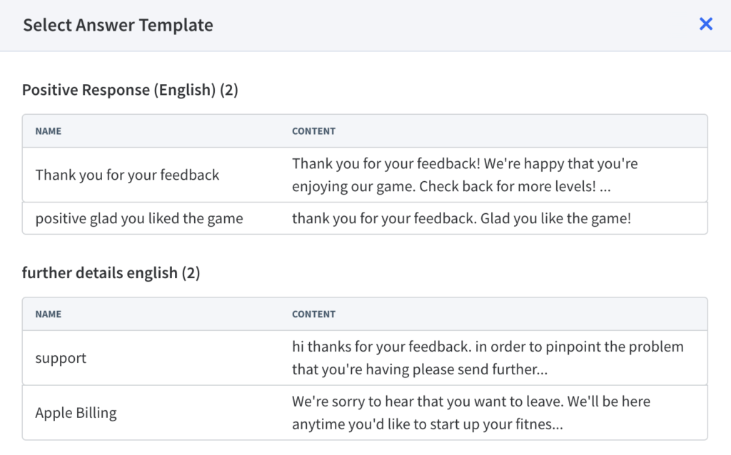 Reply to user reviews with templates to save time and improve the customer service experience for your app users. It will also improve your app ratings and reviews, making them more positive overtime. 