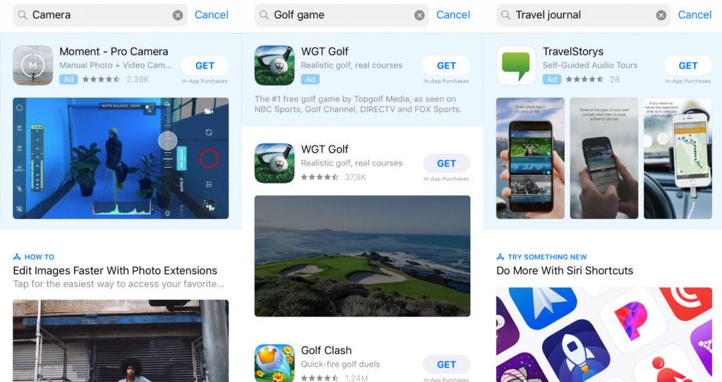 Apple Search Ads show up first in blue box labeled Ad in an App Store search
