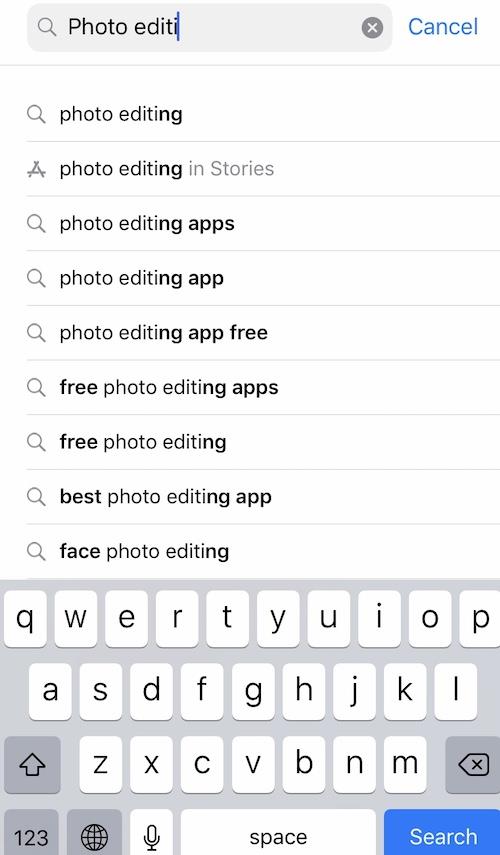 Auto-suggested app keywords in the App Store for the search term photo editing