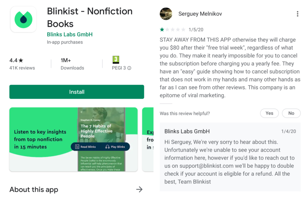 A good developer response to a negative app review from the team at Blinkist.