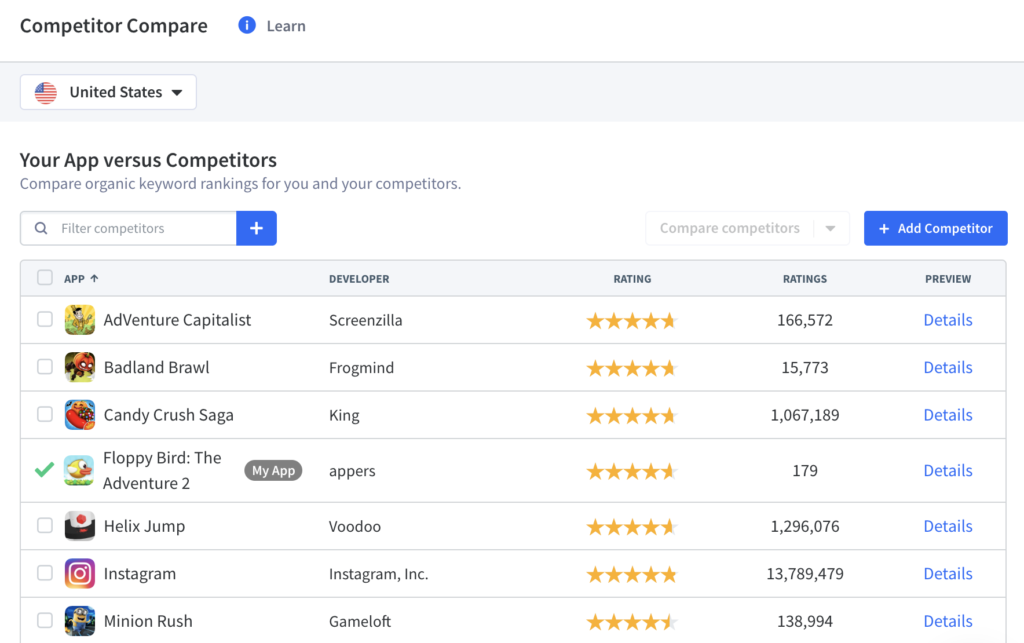 Compare your app to your competitors with App Radar's ASO tool
