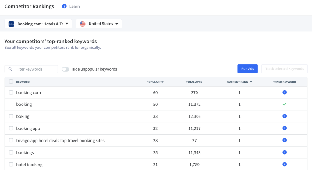 See which app keywords your competitors are ranking for with the App Radar app store optimization tool