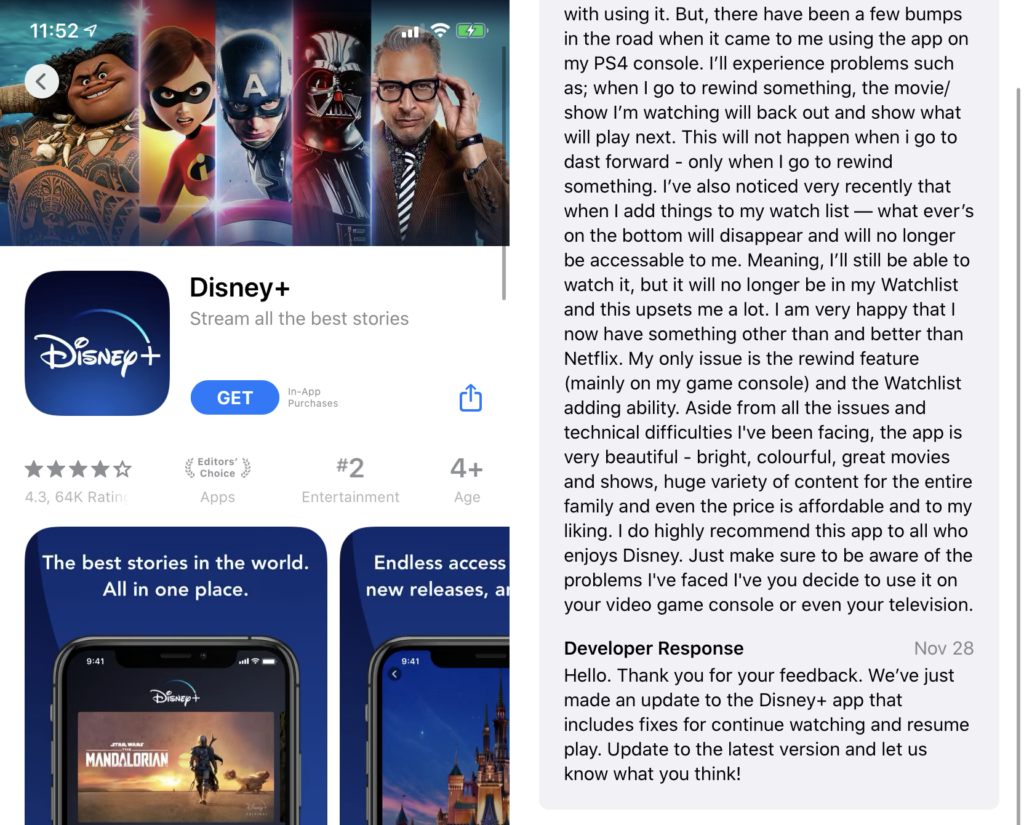 Disney Plus replies to their app user reviews lets their users know that a new update which fixes UX problems has been released