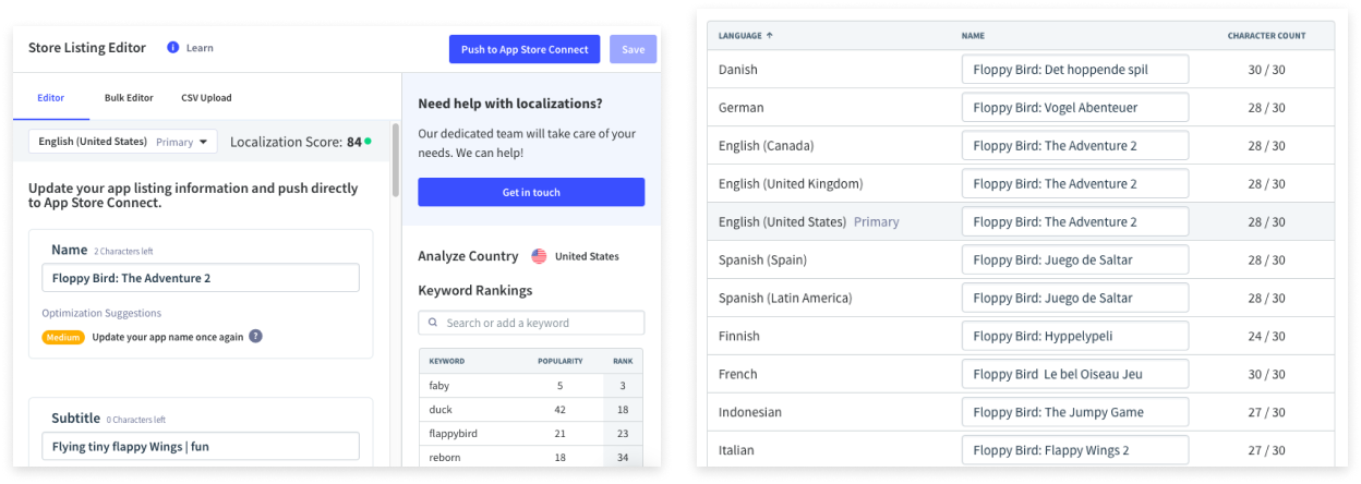 Edit app store listing and app localizations more efficiently with App Radar app store optimization tool