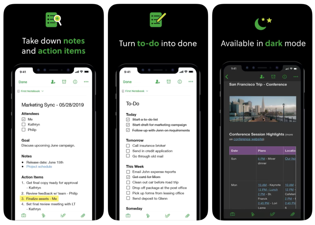 Evernote highlights their Dark Mode and helps users visualize it through their one of their app store visuals, the app screenshots. 