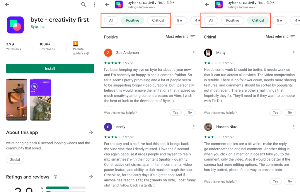 Filter app reviews by most positive and most critical in Google Play