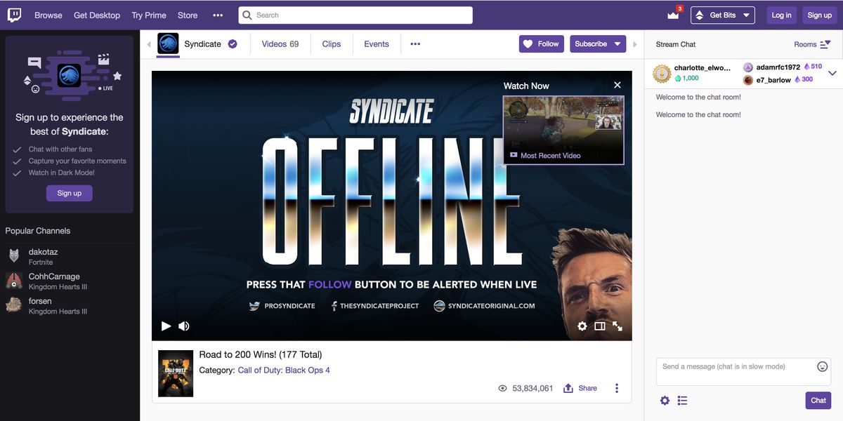 An example of a social media profile of an influencer on Twitch