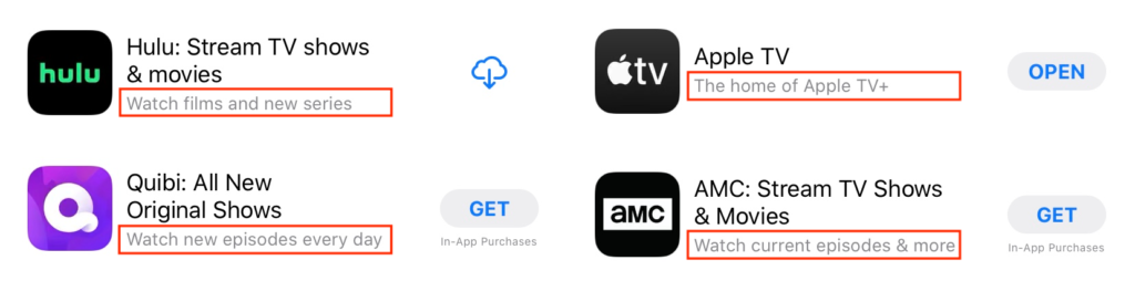 Examples of keywords placed in the App Subtitle. The app name is the 2nd most important app store ranking factor for iOS apps.