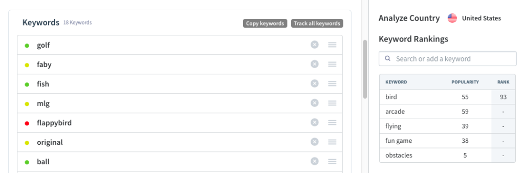 Edit the keyword field for your iOS apps and see keyword rankings in App Radar ASO Tool