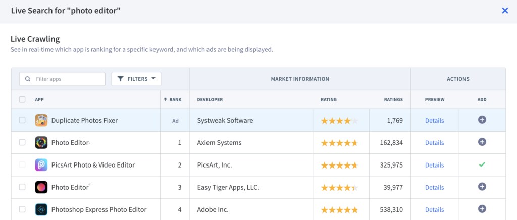 You can check your app store ranking with the Live Search feature. To go further use, App conversion rate optimization strategies to help you get more clicks on your app store listing