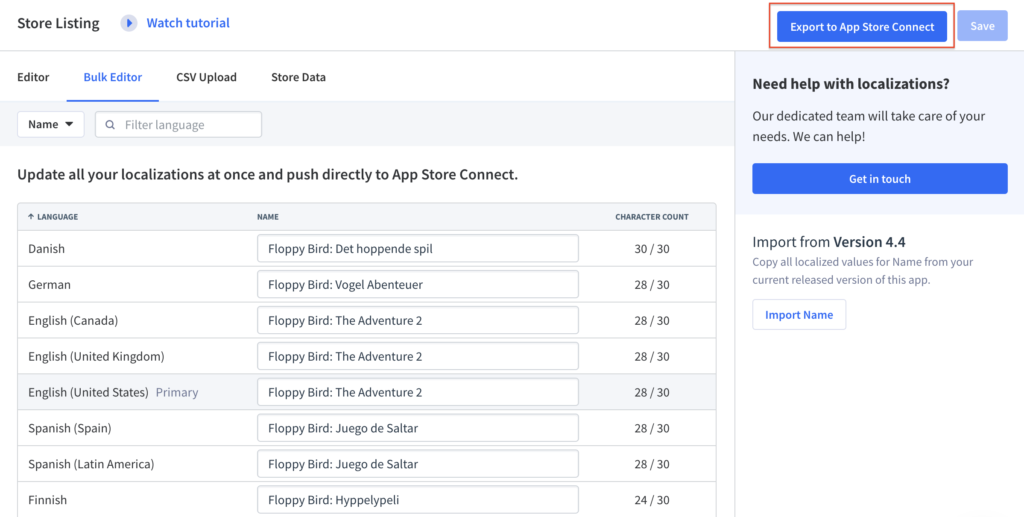 Make change to your localized app store listing in App Radar and publish updates to App Store Connect and Google Play Console