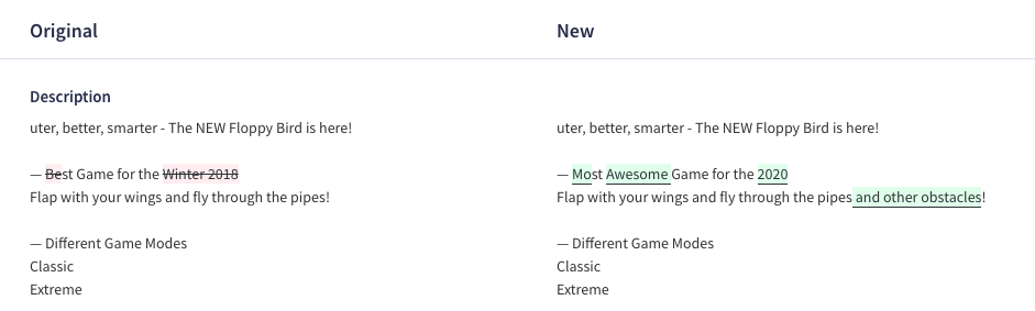 Review the changes you made to your app store listing