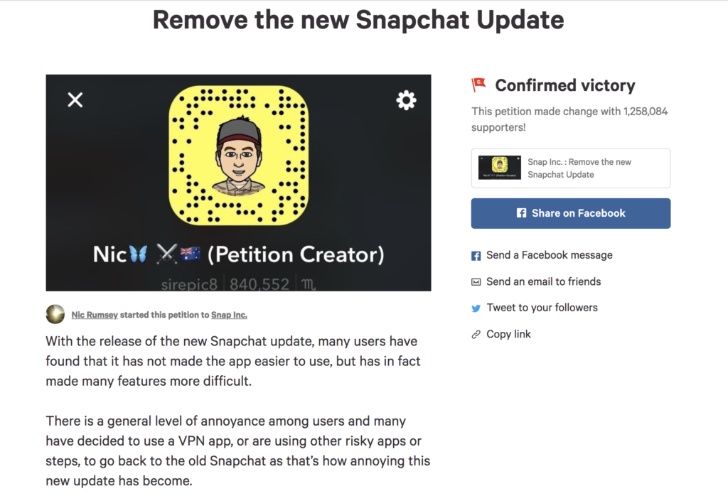 Change.org Petition to Remove Snapchat Redesign