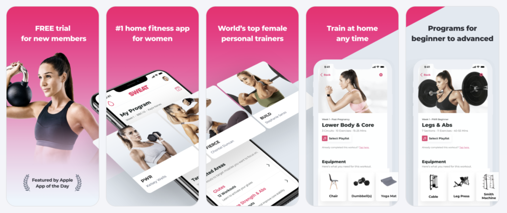 Sweat app emphasizes their free trial by highlighting it in the first screenshot. This is a change due to a trend rather than regular seasonality.