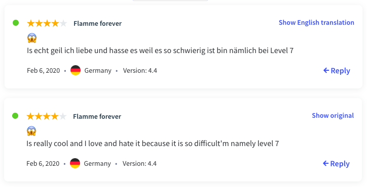 Translate app store reviews to improve user communication quality and increase user engagement