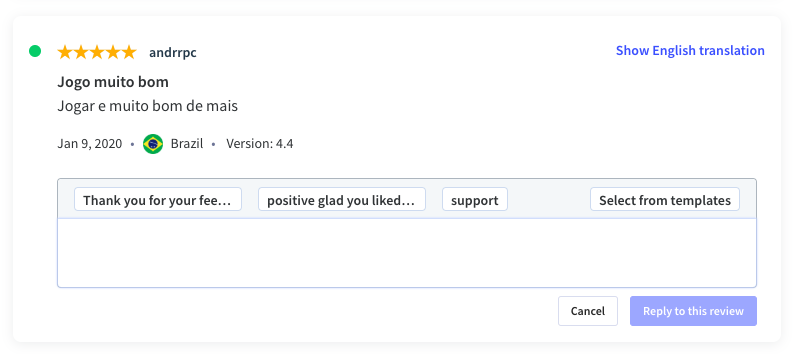 Translate app user reviews as you're answering them in App Radar