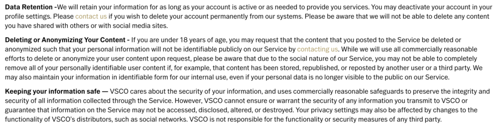 VSCO app data policy outlining what data is being stored and how users can delete their stored data. VSCO shows that data security is important for app marketing in 2020