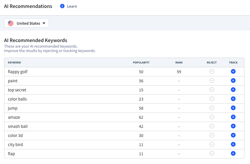 The App Radar AI-Recommendations Keyword Finder feature automatically gives your relevant keywords for your ASO strategy 