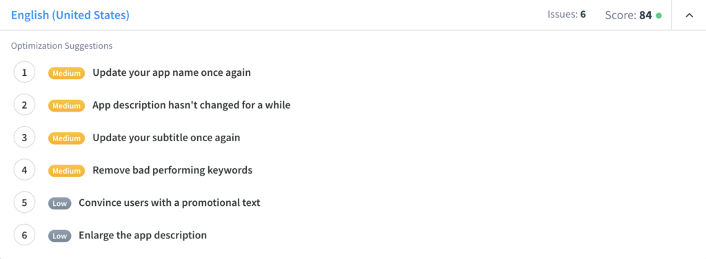 App Radar Free ASO Tool showing recommendations on how to improve a mobile app's app store optimization