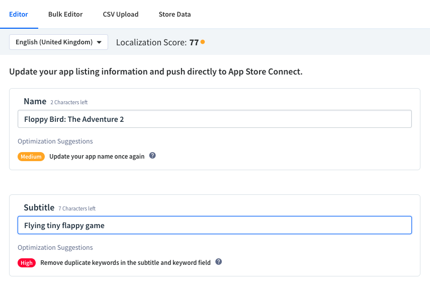 Edit your app information and app keywords in App Radar and publish changes directly to App Store Connect and Google Play Console 