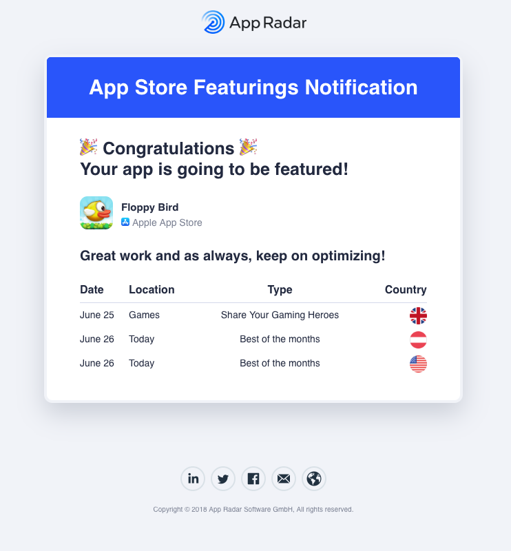 The App Radar notification to let you know when your app is going to be featured in the app store