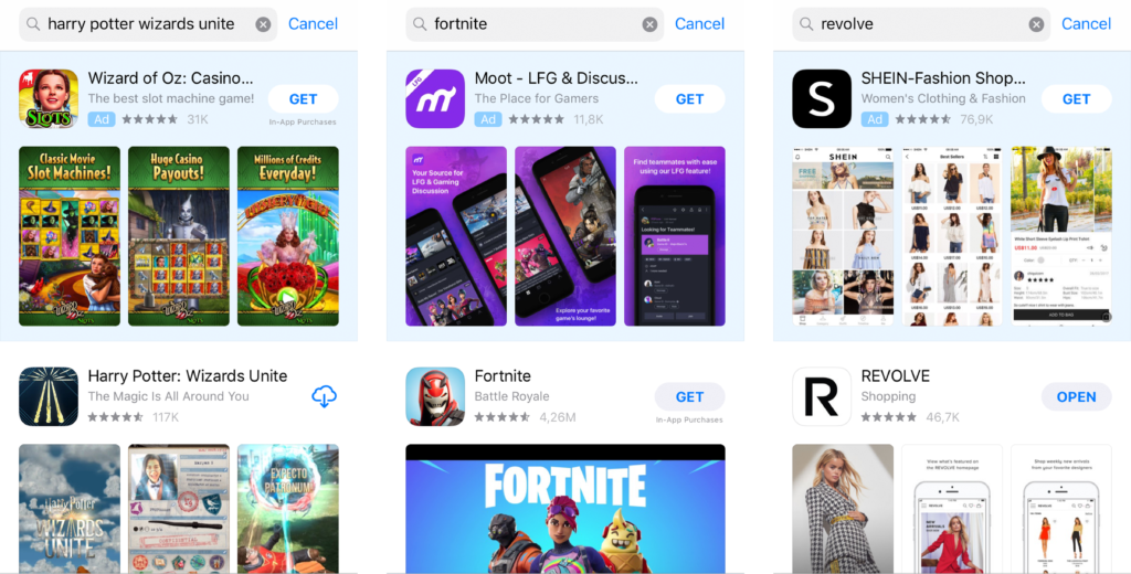 This image shows an Apple Search Ads Competitor Campaign. Apps will run App Store ads on their competitors' app names in order to try and steal users. 