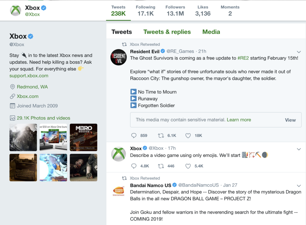 xbox keeping their brand present to gain organic traffic and keep app retention rates high with a main brand twitter account 