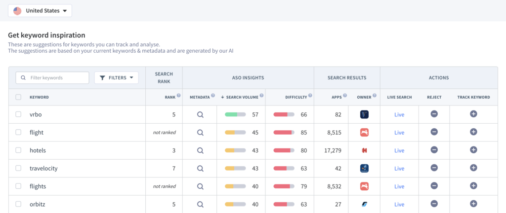 AI-Recommended keywords from App Radar
