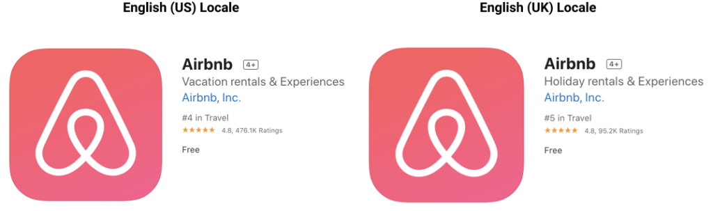 Airbnb differentiates between English (US) and English (UK) in their localized app subtitle
