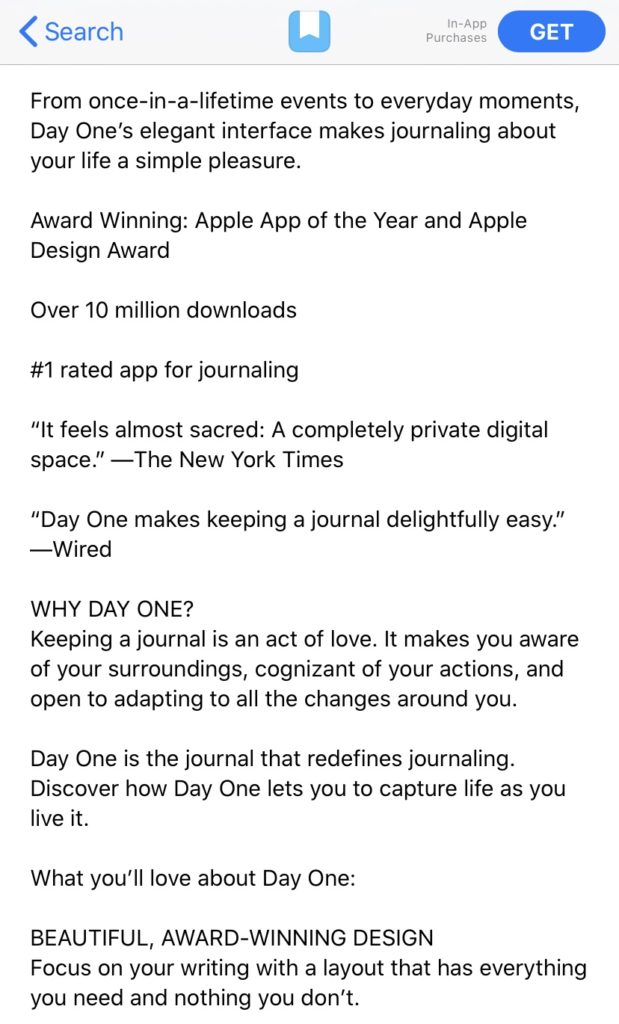 Day One shows off their awards and media recognition in their app description