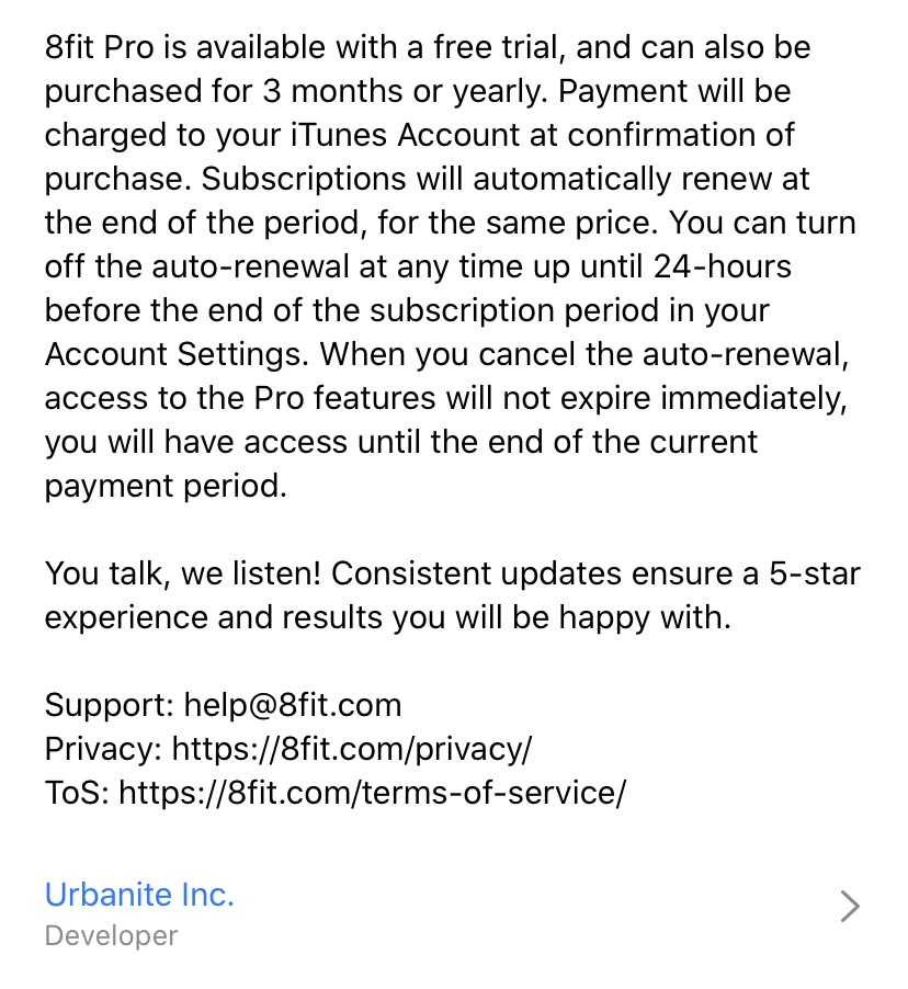 8fit makes sure to disclose in-app purchases and subscriptions in their app description 
