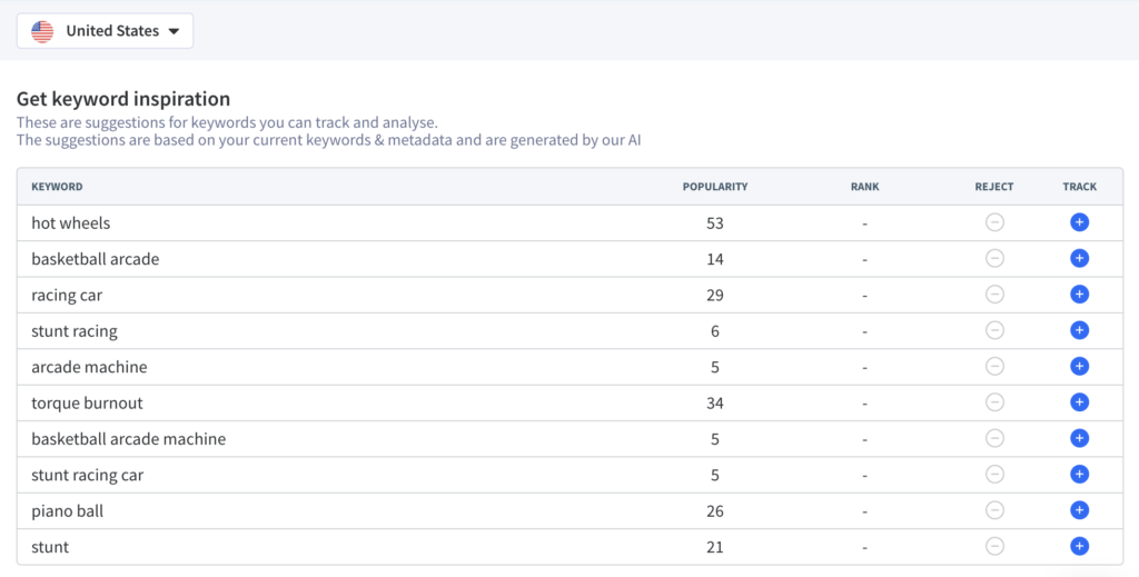 Get AI-recommended keywords from Tracking Suggestions in App Radar's keyword finder