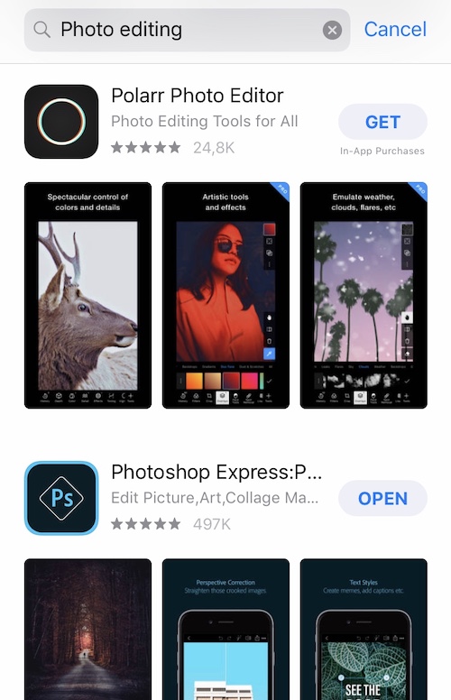 App Store search results showing polarr photo editor and photoshop as the first two organically ranking apps for the keyword photo editing 